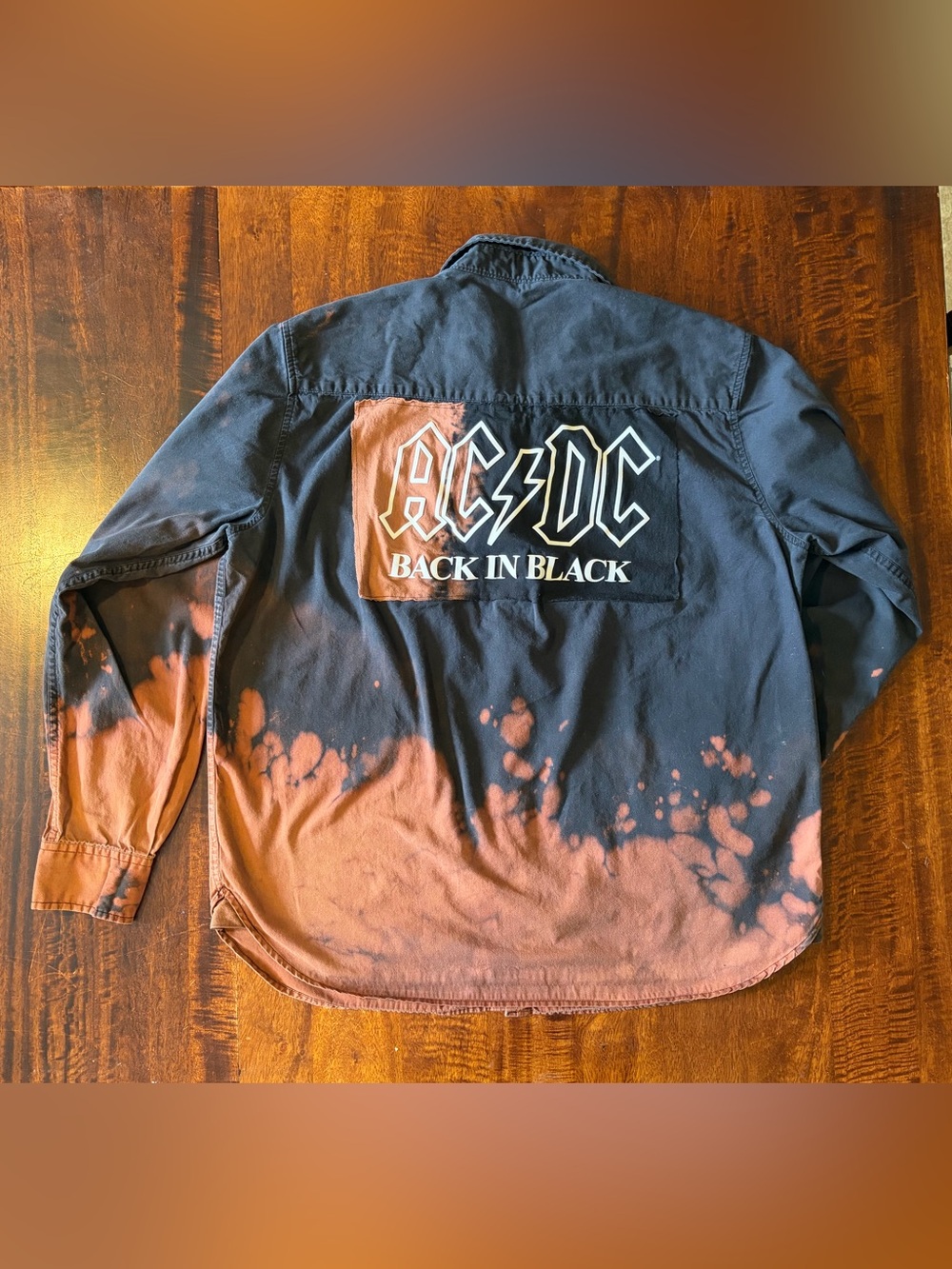 Upcycled AC/DC Black and Orange Reverse Bleach Ombré Dyed Button Up Size Large